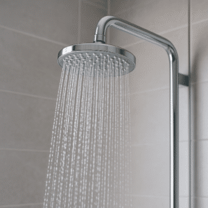 Modern chrome showerhead releasing a stream of warm water in a bright bathroom