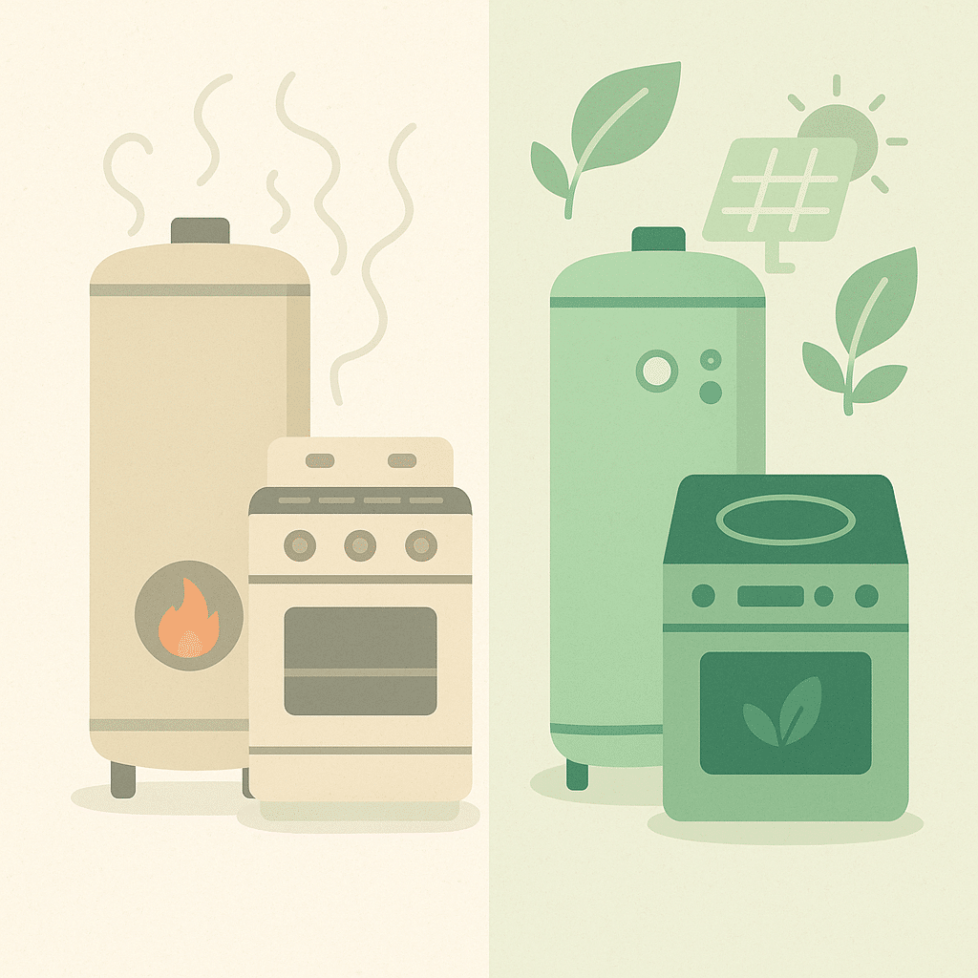 Flat-style illustration comparing gas and electric home appliances with subtle environmental indicators